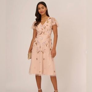 Adrianna Papell Floral  Beaded Dress with Sheer Flutter Sleeves in Blush